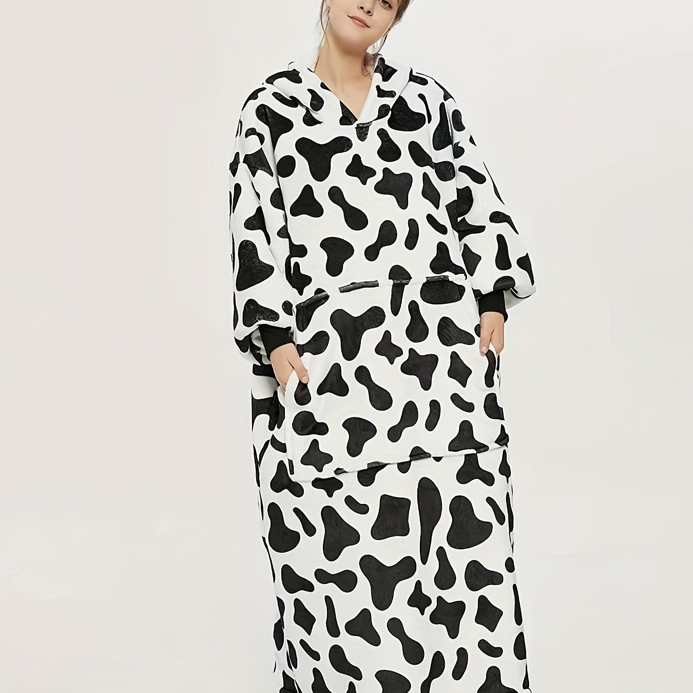 Cow Print Hooded Sherpa Fleece Robe Plus Size