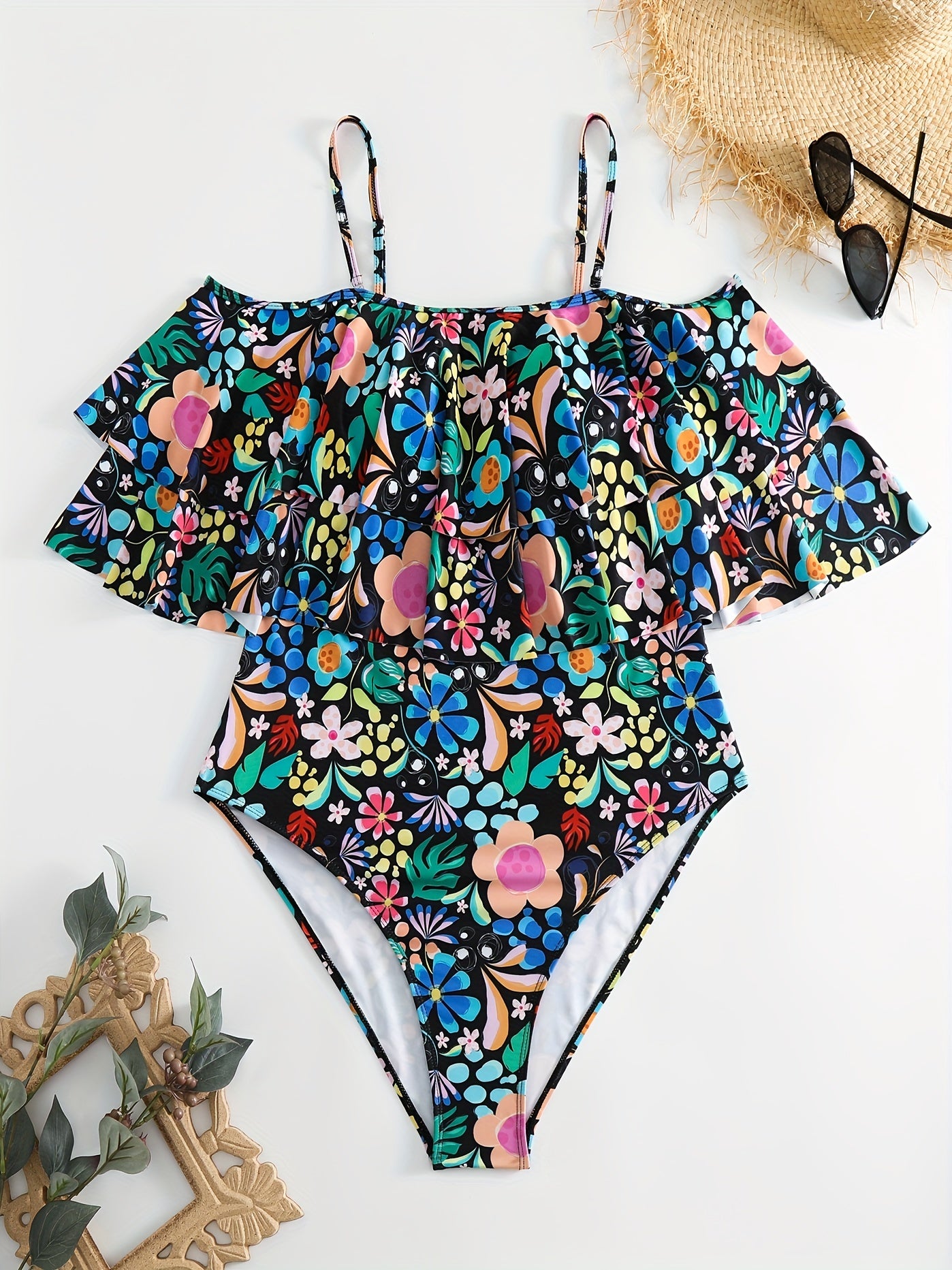  Floral Print Ruffle Trim One Piece Swimsuit