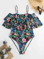  Floral Print Ruffle Trim One Piece Swimsuit
