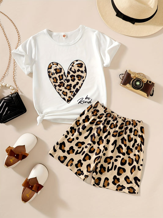 Girls Leopard Heart Graphic Tee & Shorts Loungewear Set