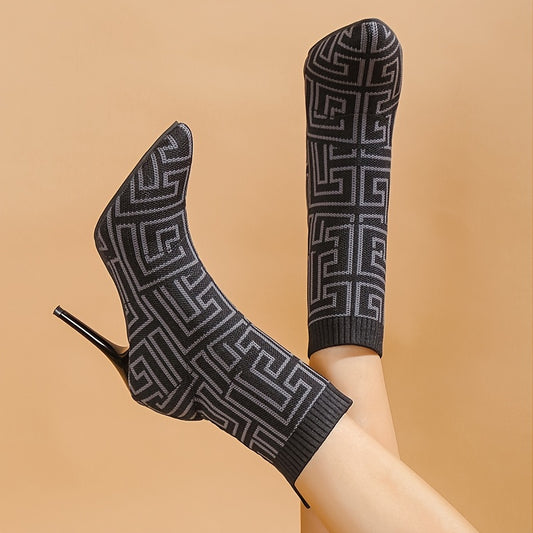 Women's Geometric Pattern Stretch Boots Pointed Toe High Heels