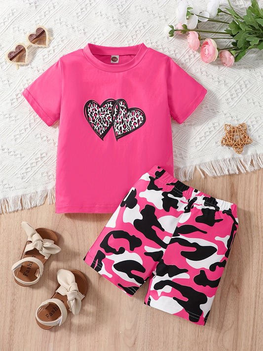 Girl's Leopard Heart T-shirt & Camo Shorts Set for Summer