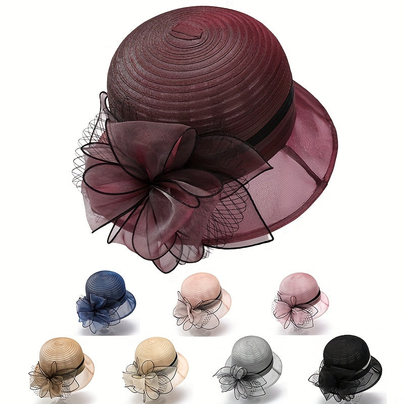 French Style Organza Bucket Hat Flower Decor Stitching Thin Basin Hat