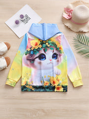 Girls Kitty & Flower Graphic Hoodies Comfy Casual Sweatshirt