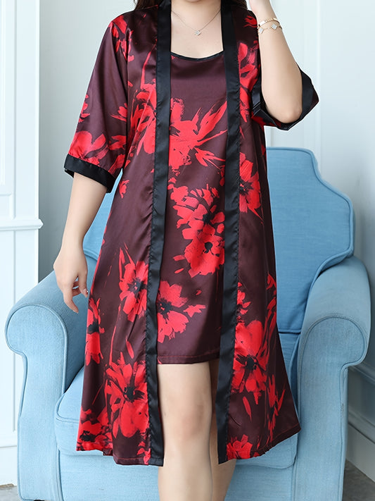  Floral Print Satin Nightgown Set