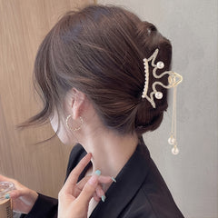 Red Rose Rhinestone Hair Claw Clip with Pearls and Tassel