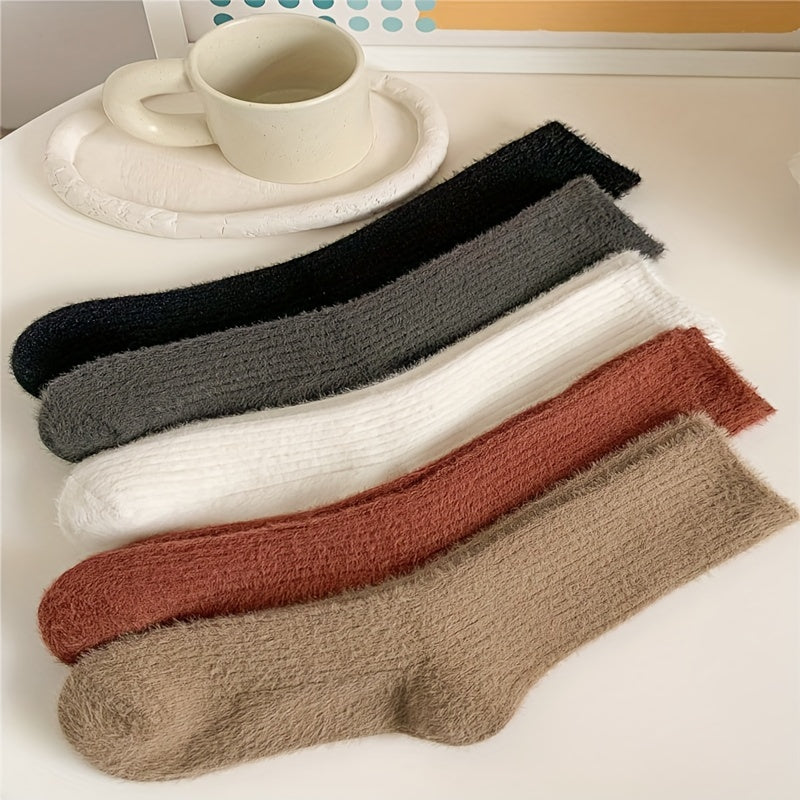 6 Pairs Solid Fuzzy Socks Mid Tube Women's Stockings