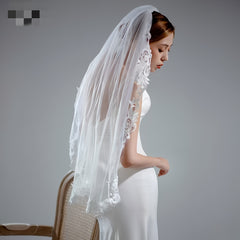 Short Floral Lace Bridal Veil Headpiece for Wedding Hair with Cut Out Patterns