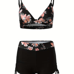 Floral Print Drawstring 2 Piece Bikini Swimsuit