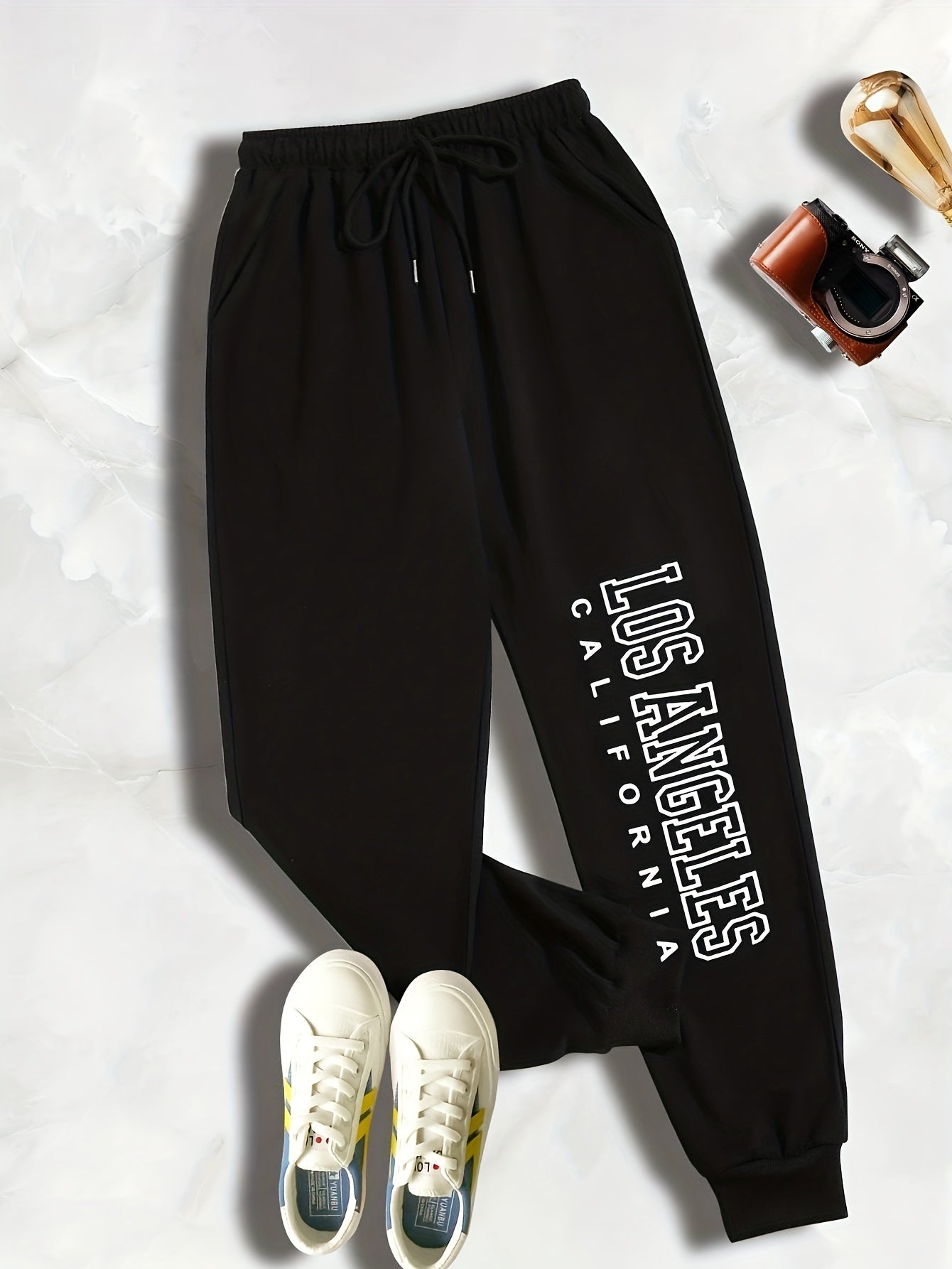  Letter Print Drawstring Sweatpants Women's Plus Slight Stretch