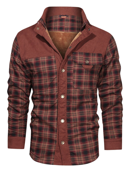 Men's Winter Fleece Padded Lapel Plaid Cotton Jacket