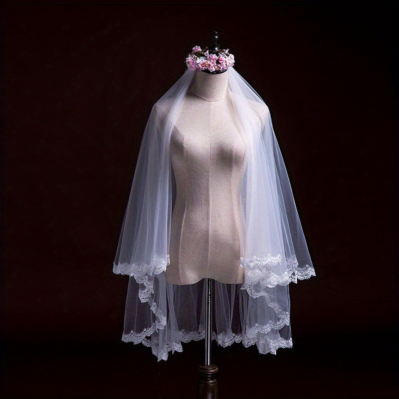 Bridal Wedding Veil Lace Edge Double Layered Comb Access
