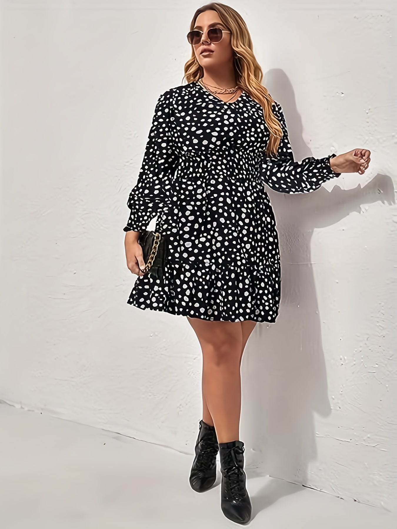 Women's Plus Dalmatian Print Lantern Sleeve Mini Dress