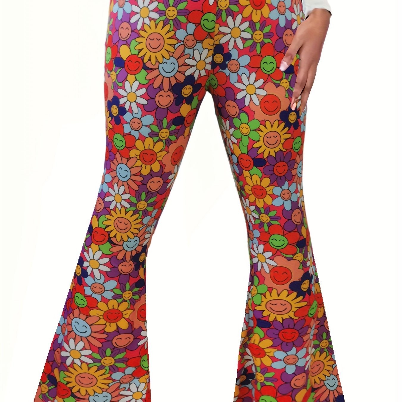 Floral Print Flared Leg Plus Size Pants Medium Stretch Trousers