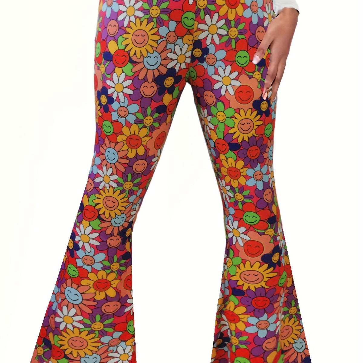 Floral Print Flared Leg Plus Size Pants Medium Stretch Trousers