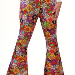 Floral Print Flared Leg Plus Size Pants Medium Stretch Trousers