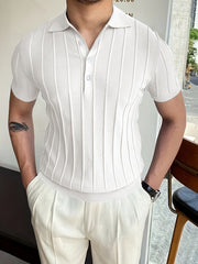 Mens Striped Polo Shirt Solid V Neck Sweater Summer