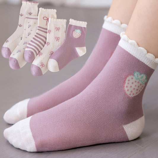 5 Pairs Girls Kids Crew Socks Cartoon Pattern Breathable Comfy Stylish Students