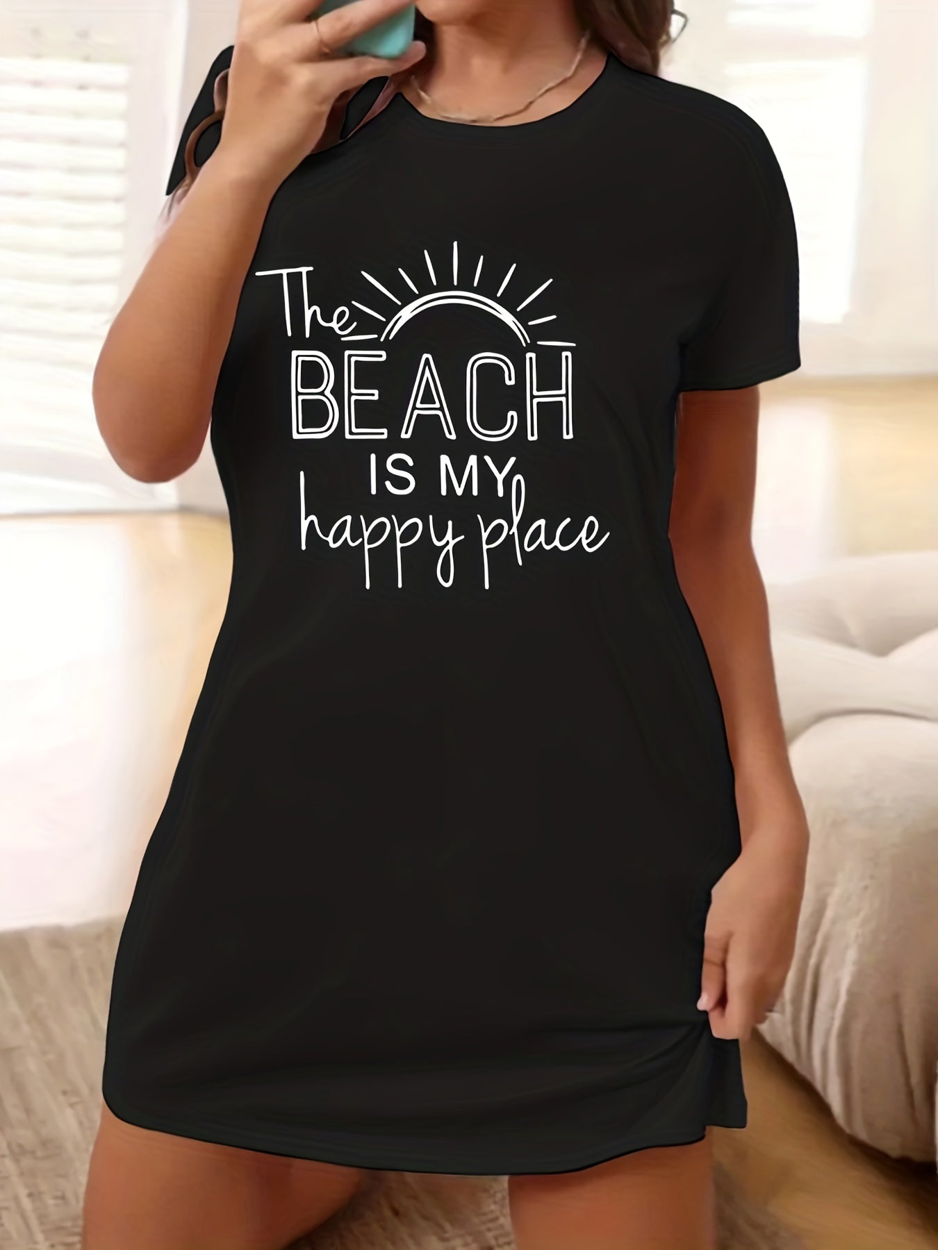  Casual Lounge Dress Women's Plus Slogan Print Short Sleeve