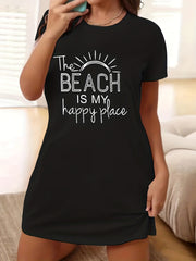  Casual Lounge Dress Women's Plus Slogan Print Short Sleeve