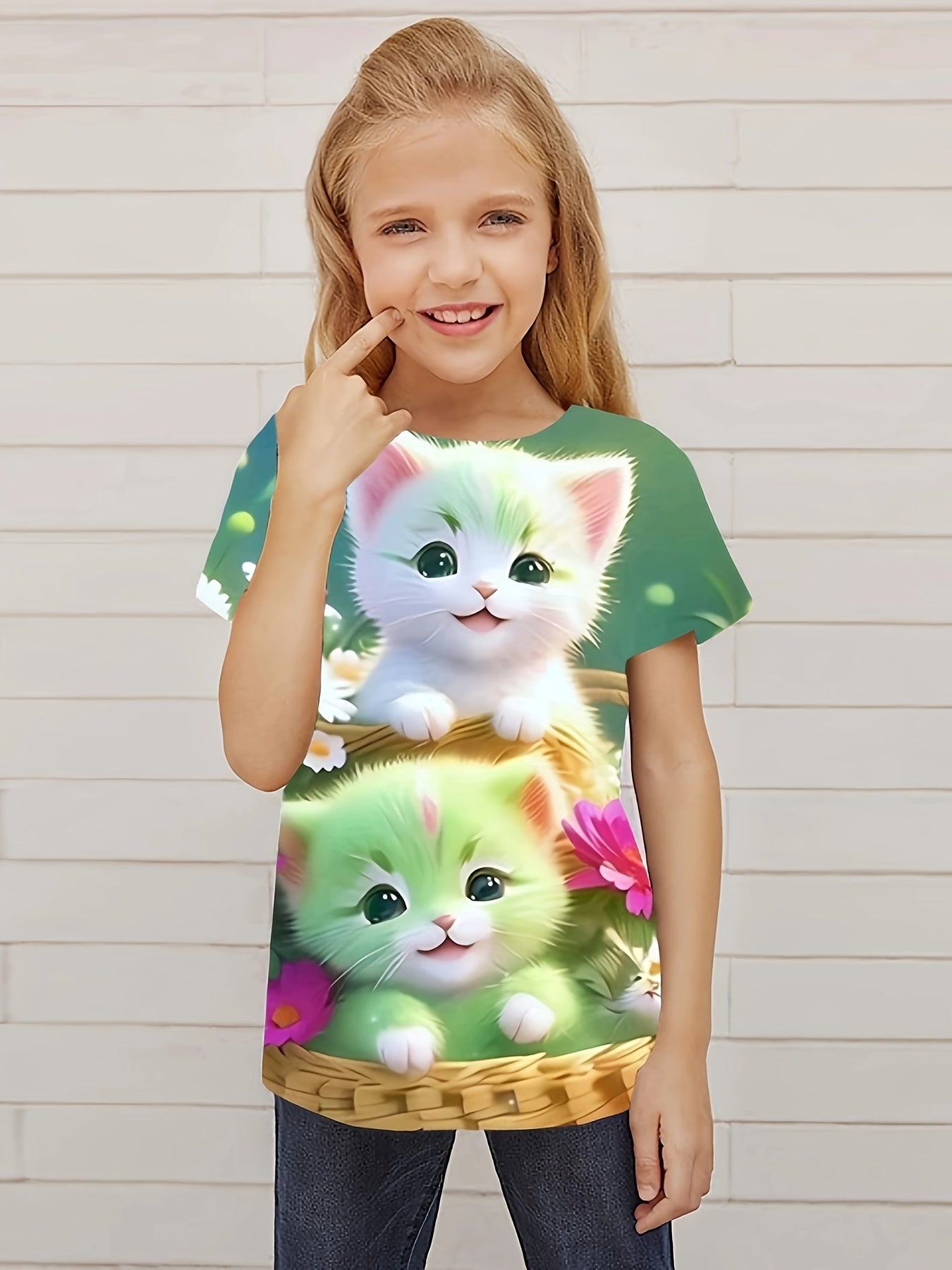 Lovely Cats Graphic Short Sleeve T Shirt for Girls