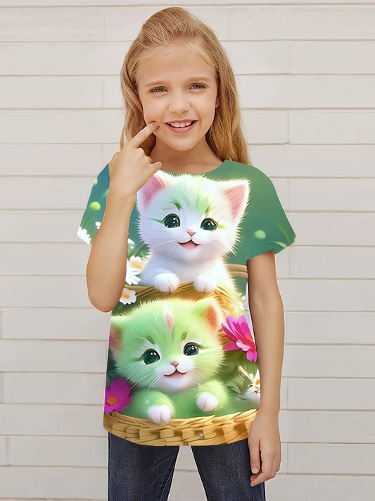 Lovely Cats Graphic Short Sleeve T Shirt for Girls