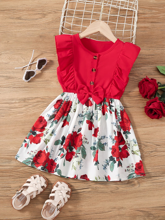 Girls Sleeveless Ruffles Crew Neck Button Flowers Print Bow Decor Princess Dress