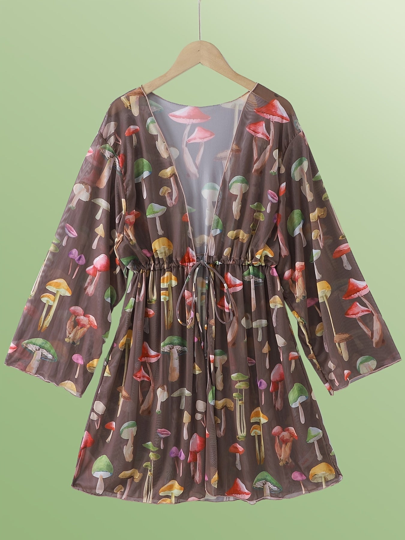 Mushroom Print Kimono Drawstring Long Sleeve Cover Up Shirt