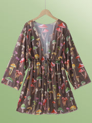 Mushroom Print Kimono Drawstring Long Sleeve Cover Up Shirt