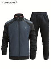 2pcs Men's Suit Stand Collar Zip Up Jacket & Elastic Waist Pants
