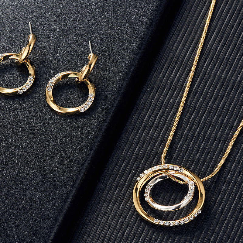 Circle Jewelry Set Inlaid Rhinestones Pendant Necklace & Dangle Earrings