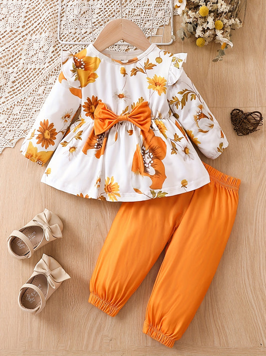 Cute Baby Girl Outfit Solid Cotton Top with Printed Bow Pants