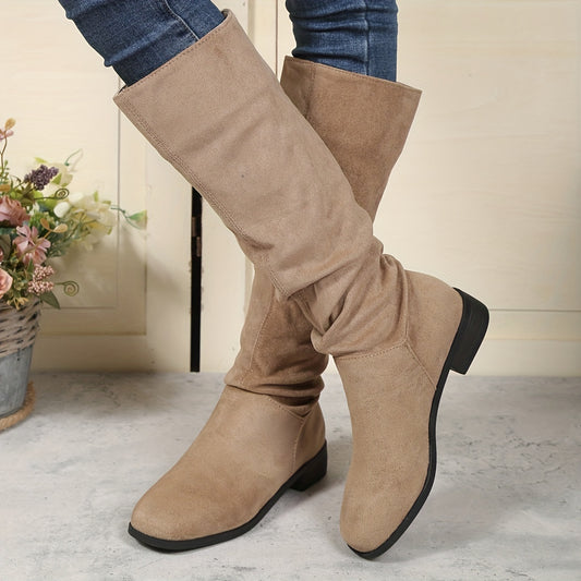 Women's Slouch Knee High Boots Round Toe Pull On Micro Suede Boots