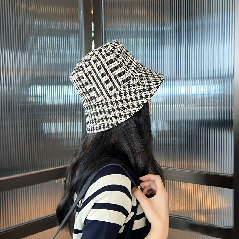 Reversible Houndstooth Bucket Hat Lightweight Basin Hat Outdoor Sunscreen Travel