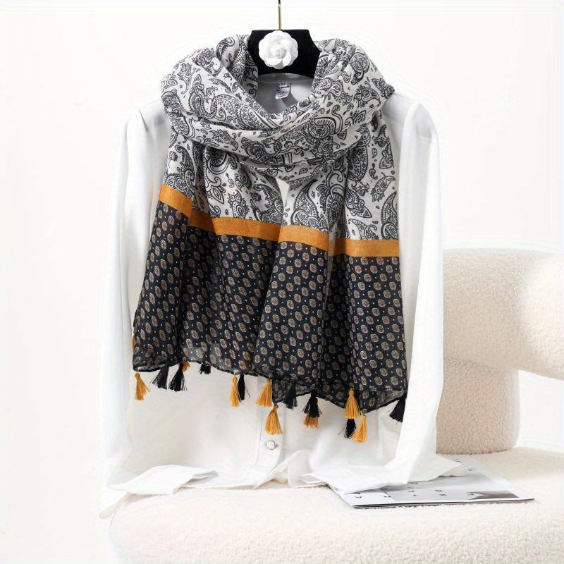 Boho Paisley Print Tassel Scarf Soft Shawl Light Thin Breathable Headband