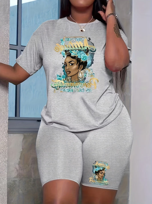 Figure Print Two piece Set Casual Short Sleeve T shirt & Skinny Shorts Outfits