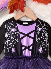 Baby Girls Spider Print Mesh Puffy Dress Halloween Party Long Sleeve