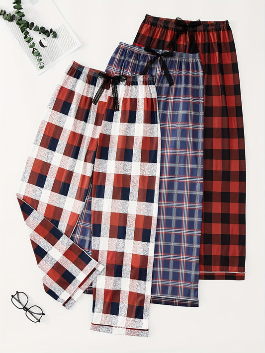 Colorblock Plaid Lounge Pants Soft Elastic Waist Womens Loungewear