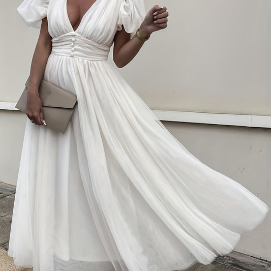 Plunging Wedding Dress Puff Sleeve Maxi Dress