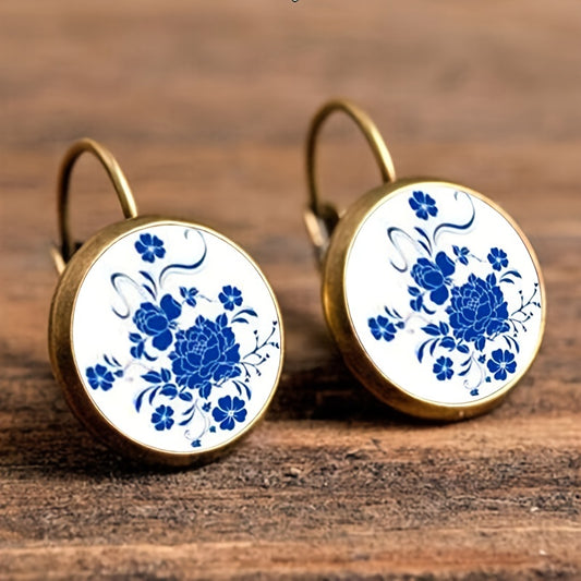 Chinese Style Time Gemstone Flower Porcelain Earrings Ear Hook
