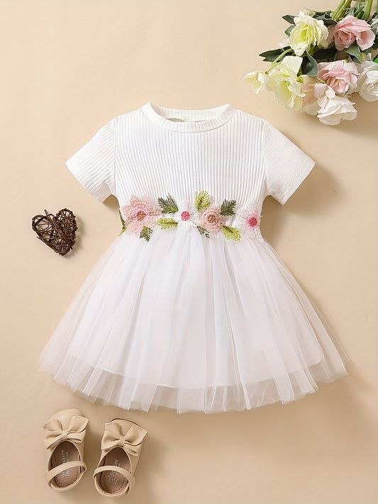 Baby Girls Mesh Splicing Dress Ribbed Short Sleeves Crew Neck Flowers Embroidere
