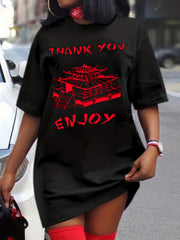  Casual Tee Dress Women's Plus Building & Letter Print Short Sleeve