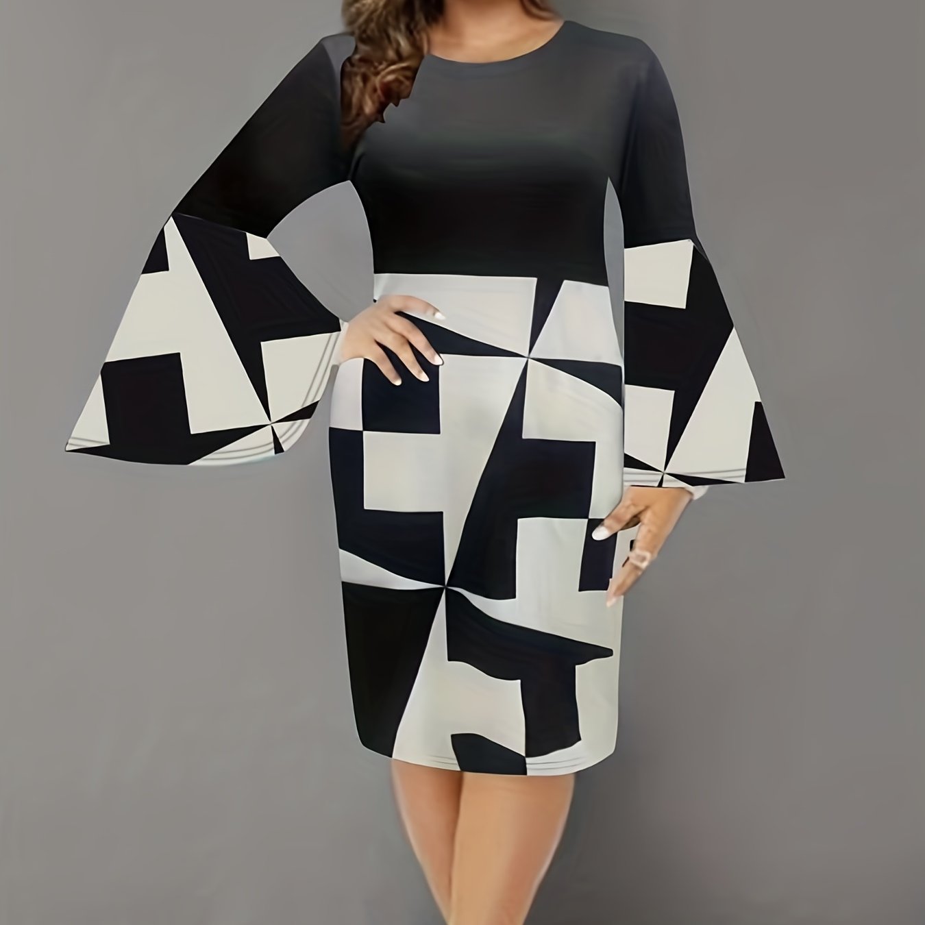  Colorblock Geometric Print Bell Sleeve Round Neck Midi Dress