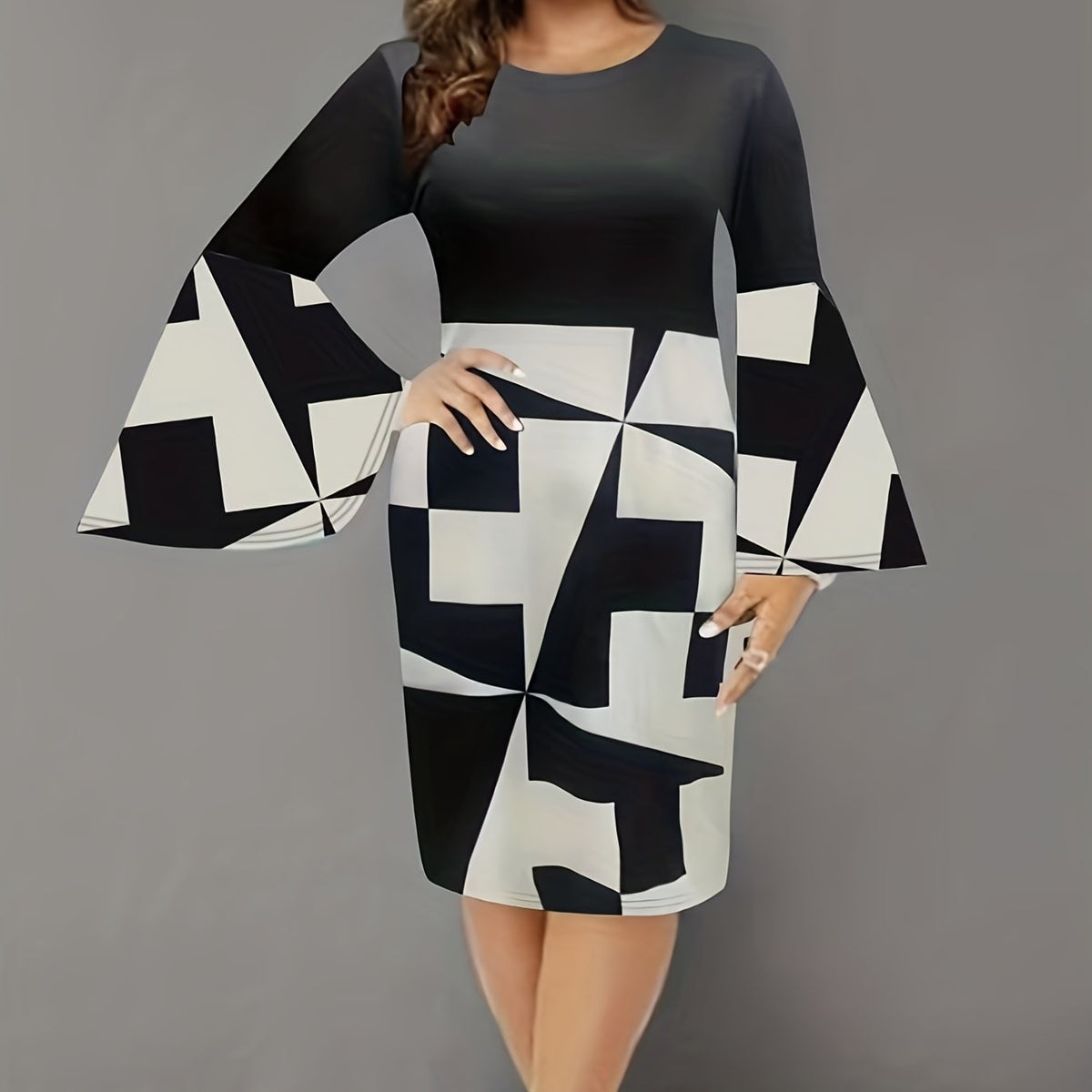  Colorblock Geometric Print Bell Sleeve Round Neck Midi Dress