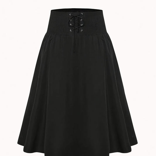  Gothic Skirt Solid Shirred Lace Up High Rise A line Maxi