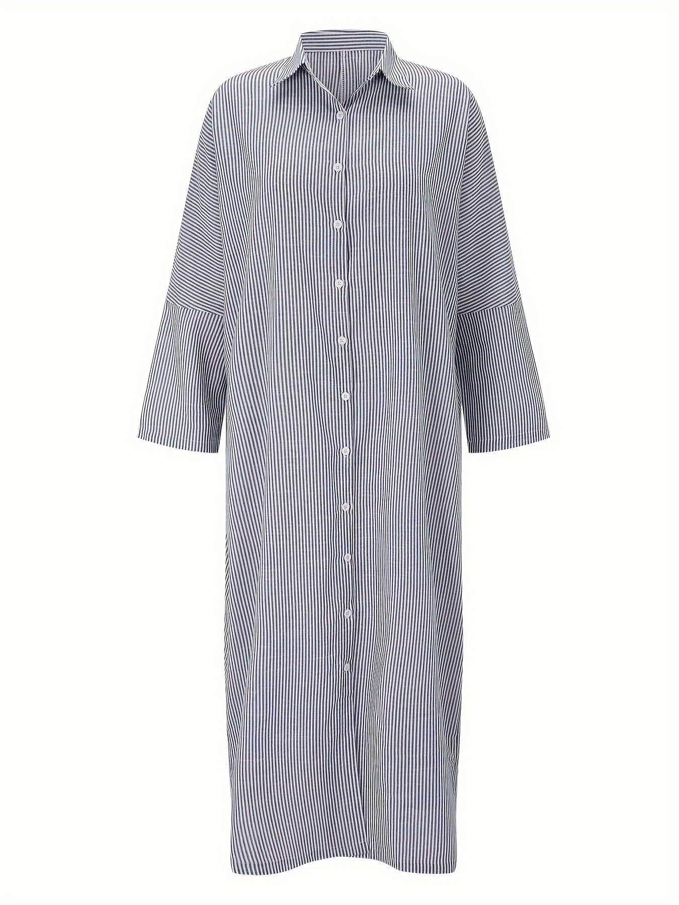  Stripe Print Button Up Long Sleeve Maxi Shirt Dress