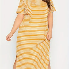  Stripe Print Short Sleeve Maxi Dress