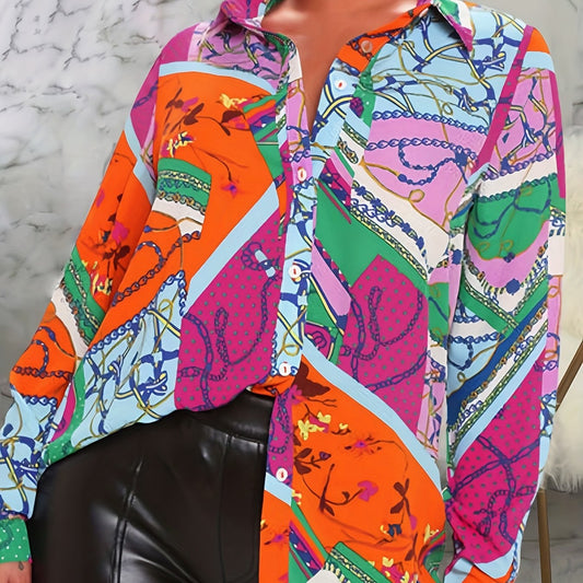  Chain & Floral Print Button Up Long Sleeve Blouse