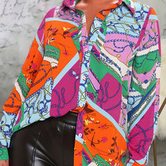  Chain & Floral Print Button Up Long Sleeve Blouse