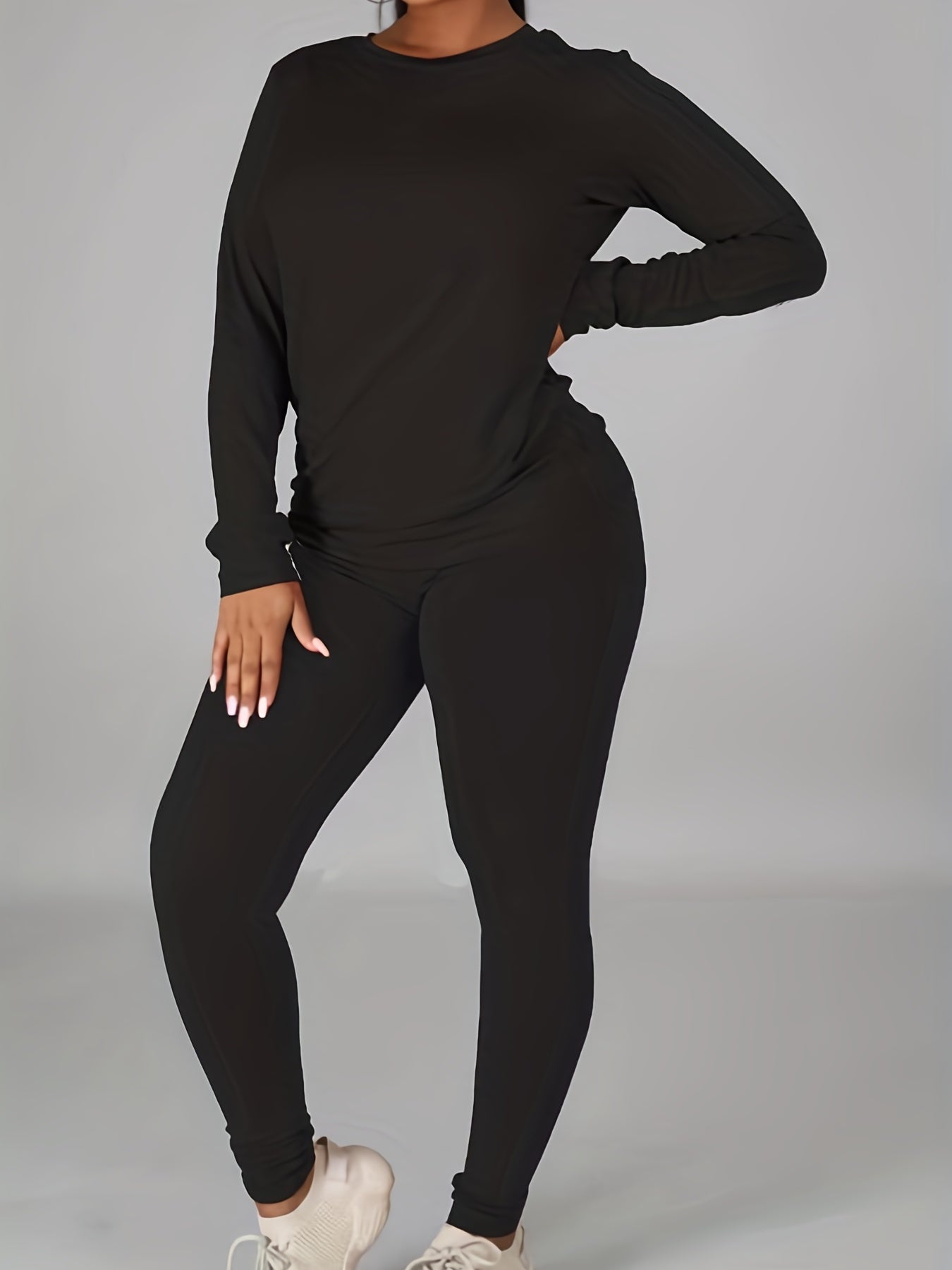 Solid Casual Two piece Set Crew Neck Long Sleeve Tops & Elastic Waist Pants